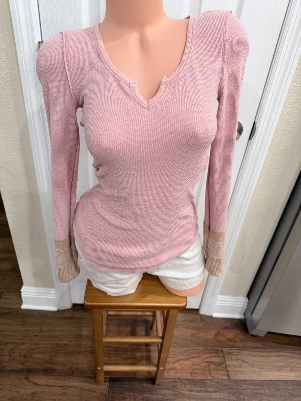 Free People We The Free Blush Pink Thermal Top Embroidered Mixed Media Cuffs XS